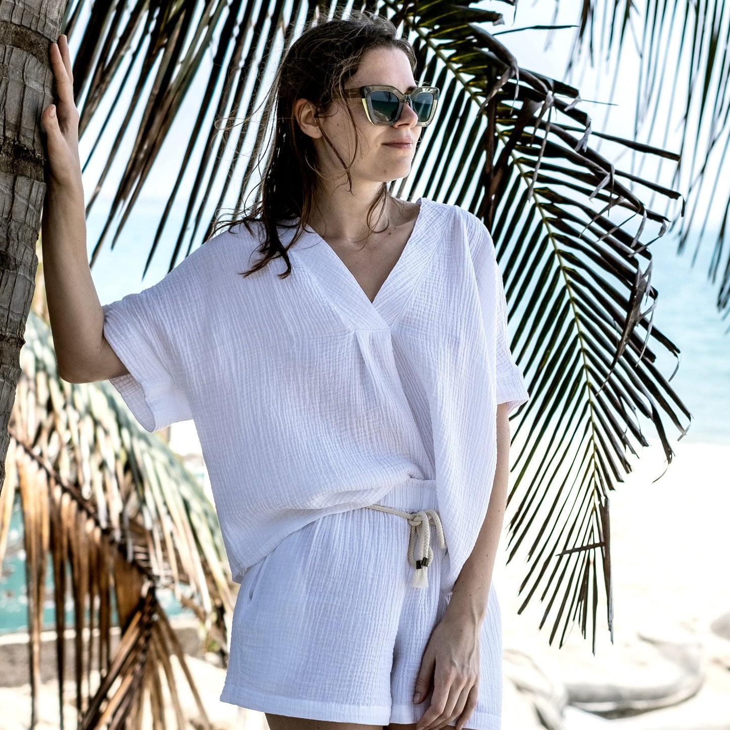 White cotton gauze top and shorts