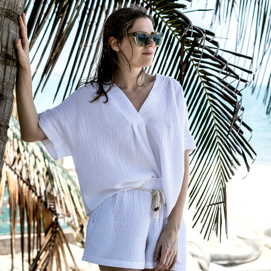 White cotton gauze top and shorts
