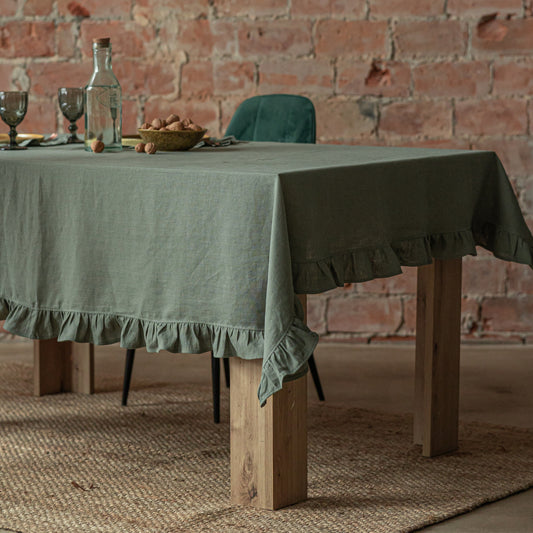 Eucalyptus green tablecloth with ruffles, linen tablecloth