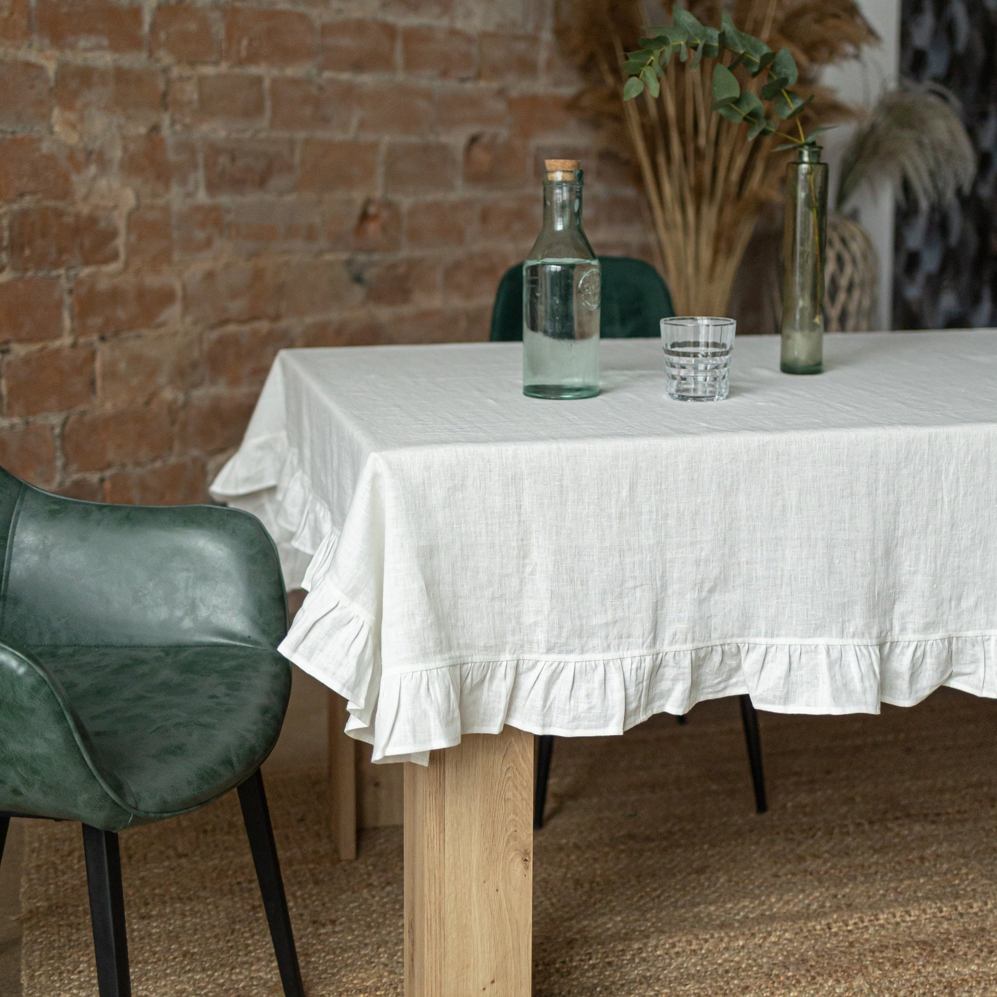 White linen tablecloth with ruffles