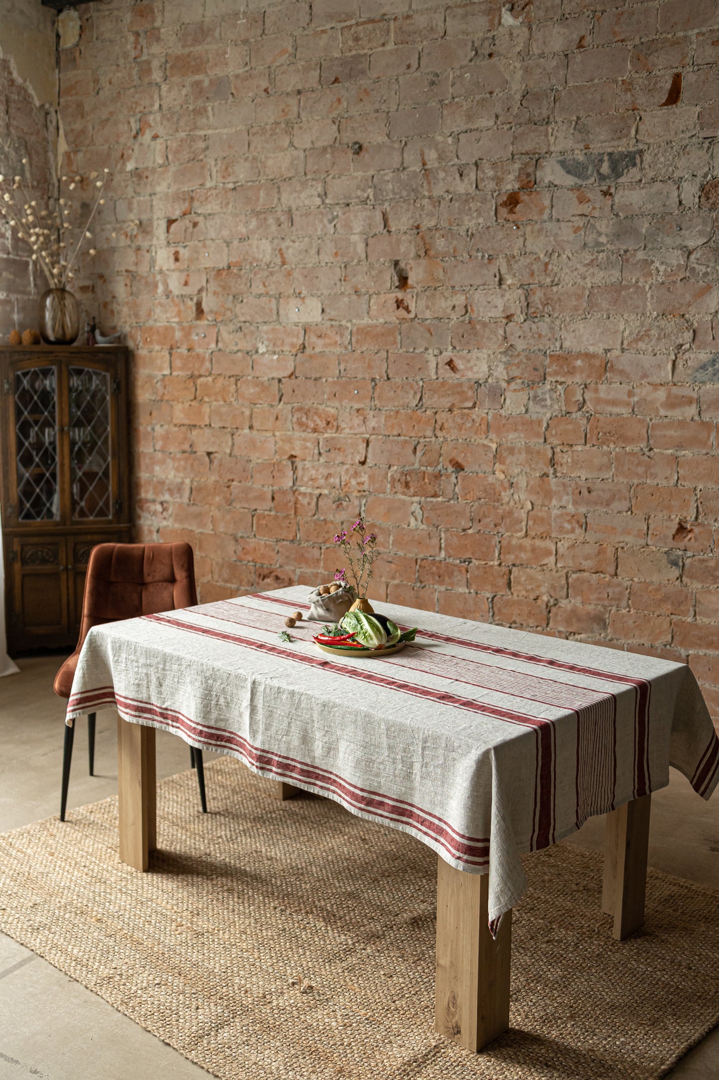 Linen tablecloth, Rustic Red Stripes