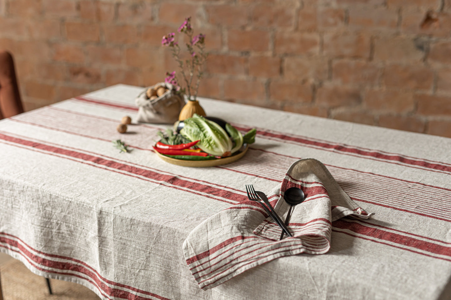 Linen tablecloth, Rustic Red Stripes