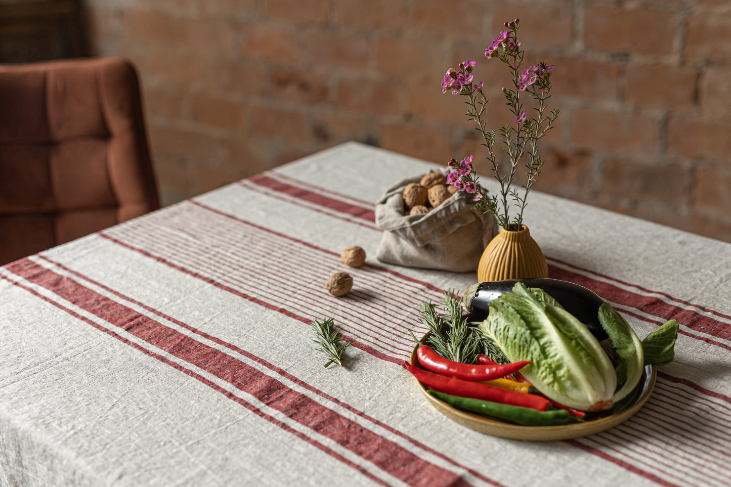 Linen tablecloth, Rustic Red Stripes