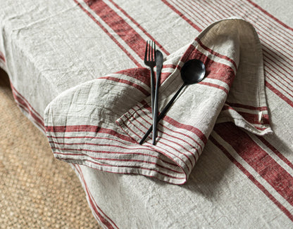 Linen tablecloth, Rustic Red Stripes