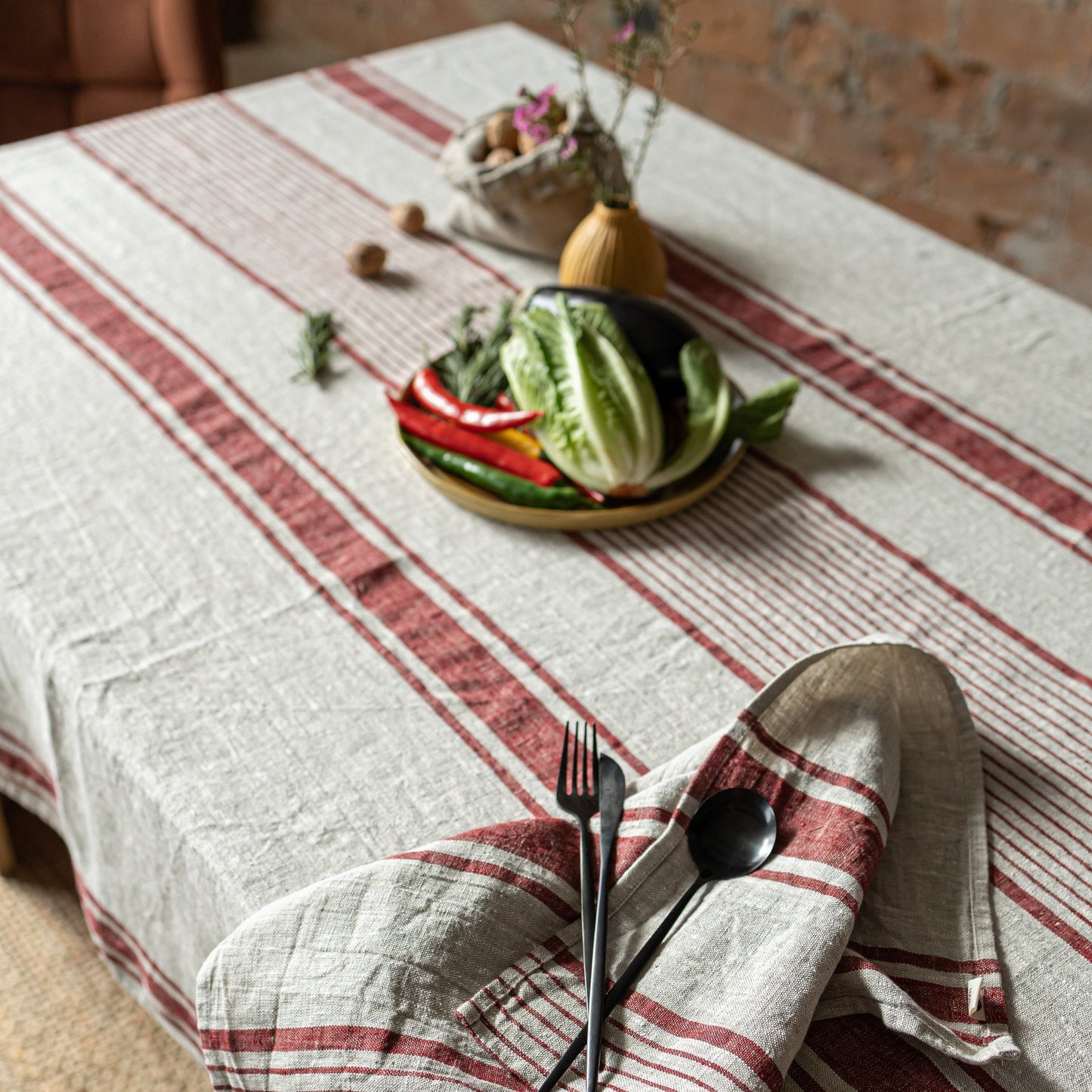 Linen tablecloth, Rustic Red Stripes