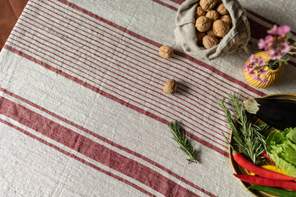 Linen tablecloth, Rustic Red Stripes