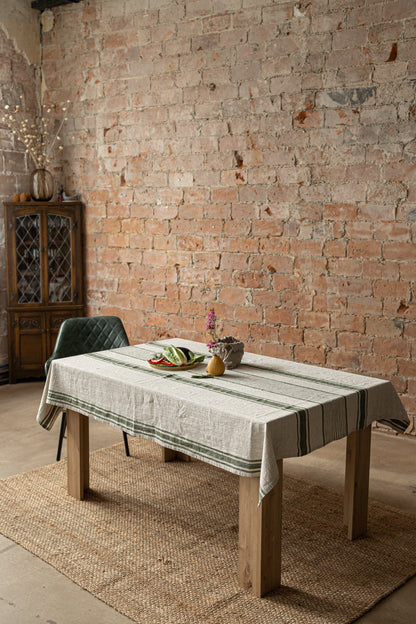 Linen tablecloth, Rustic Green Stripes