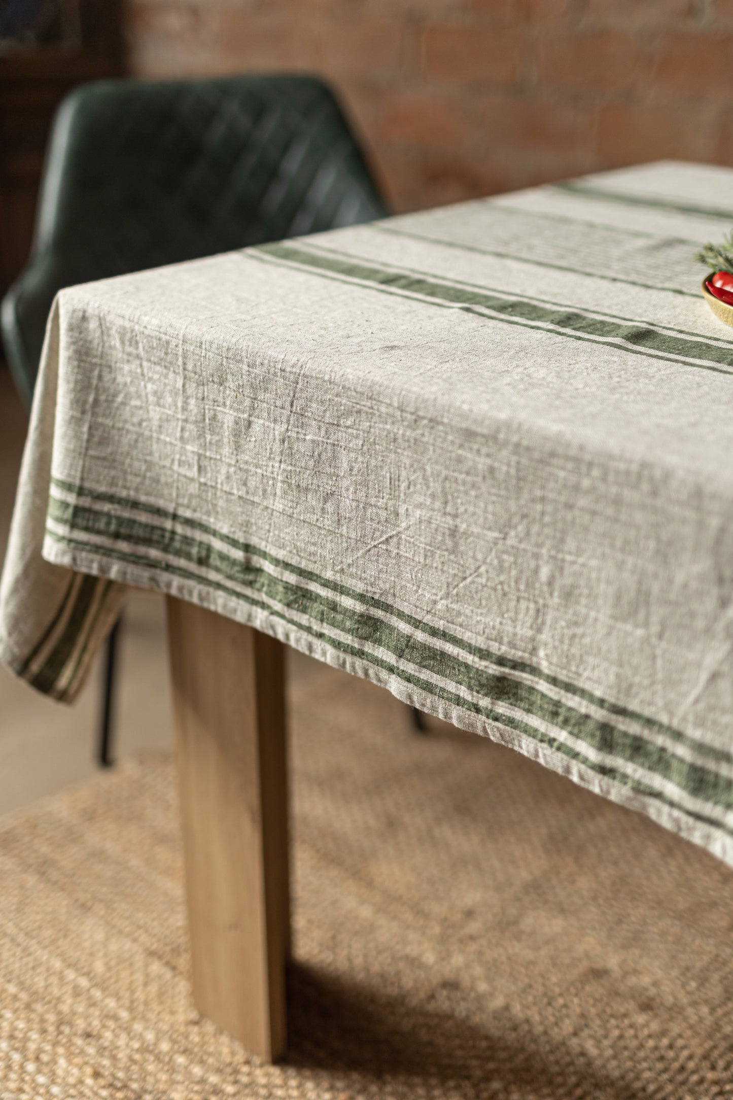 Linen tablecloth, Rustic Green Stripes