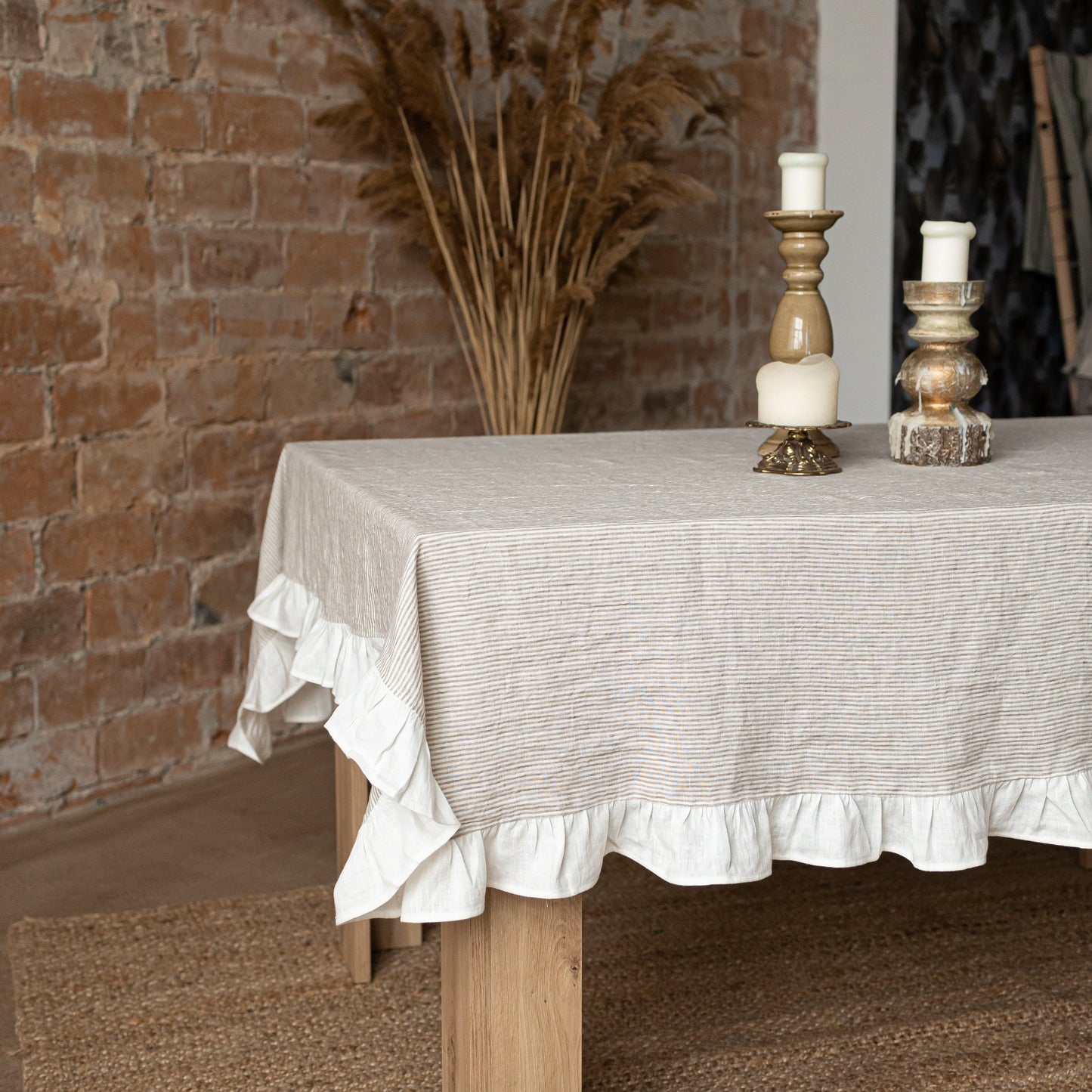 Striped linen tablecloth, pin striped tablecloth with ruffles