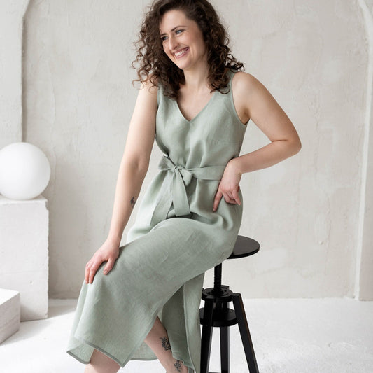 Linen midi dress mint, sleeveless