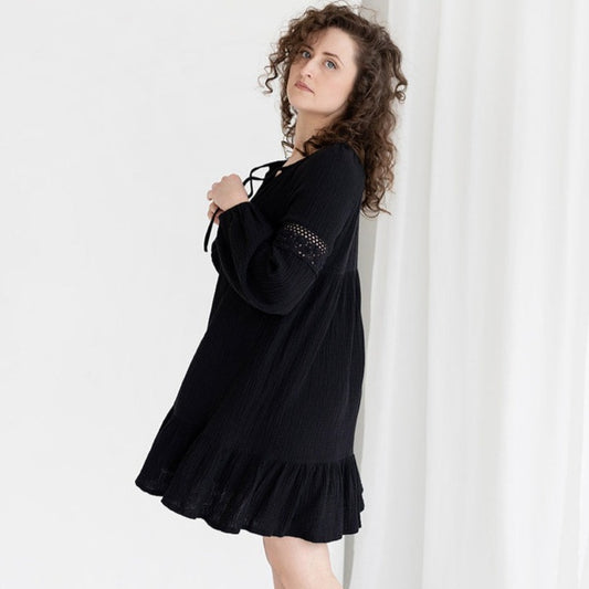 Cotton gauze mini dress BOHO, Black, S size
