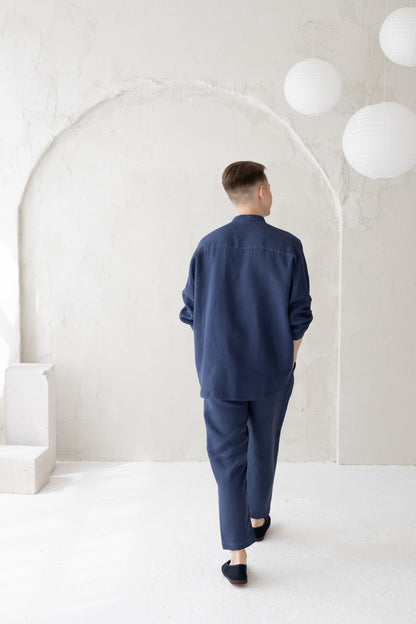 Linen Oversized Shirt & Pants set, Royal Blue, S size