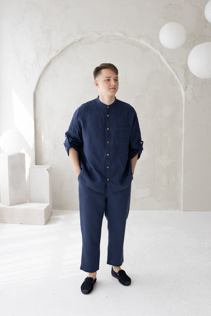 Linen Oversized Shirt & Pants set, Royal Blue, S size