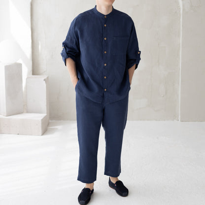 Two piece linen set men, Pants and shirt set men, Blue linen