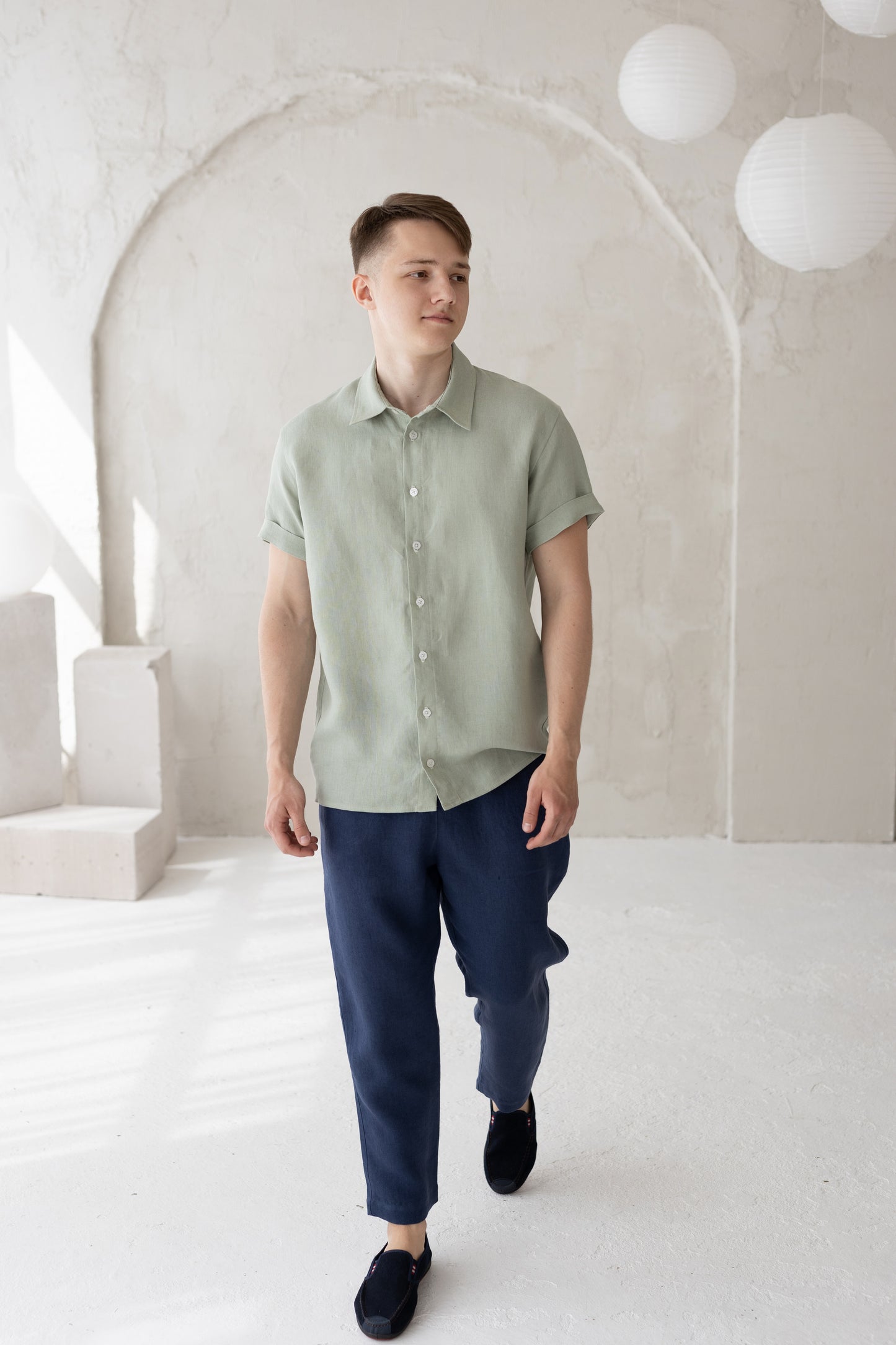 Short Sleeve Linen Shirt, Dusty Mint