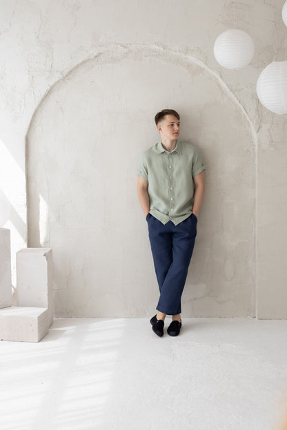 Short Sleeve Linen Shirt, Dusty Mint