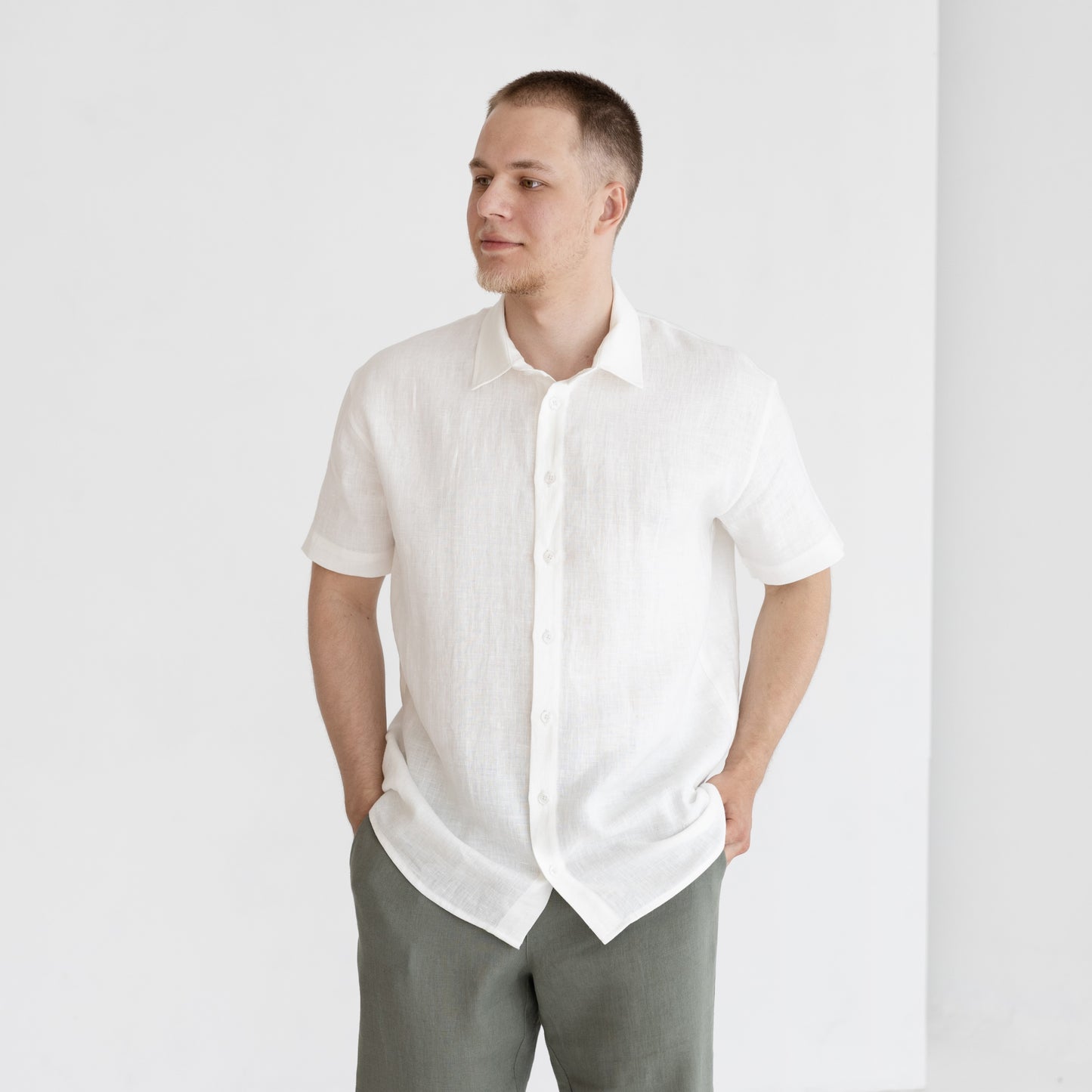 White linen shirt, button up shirt men