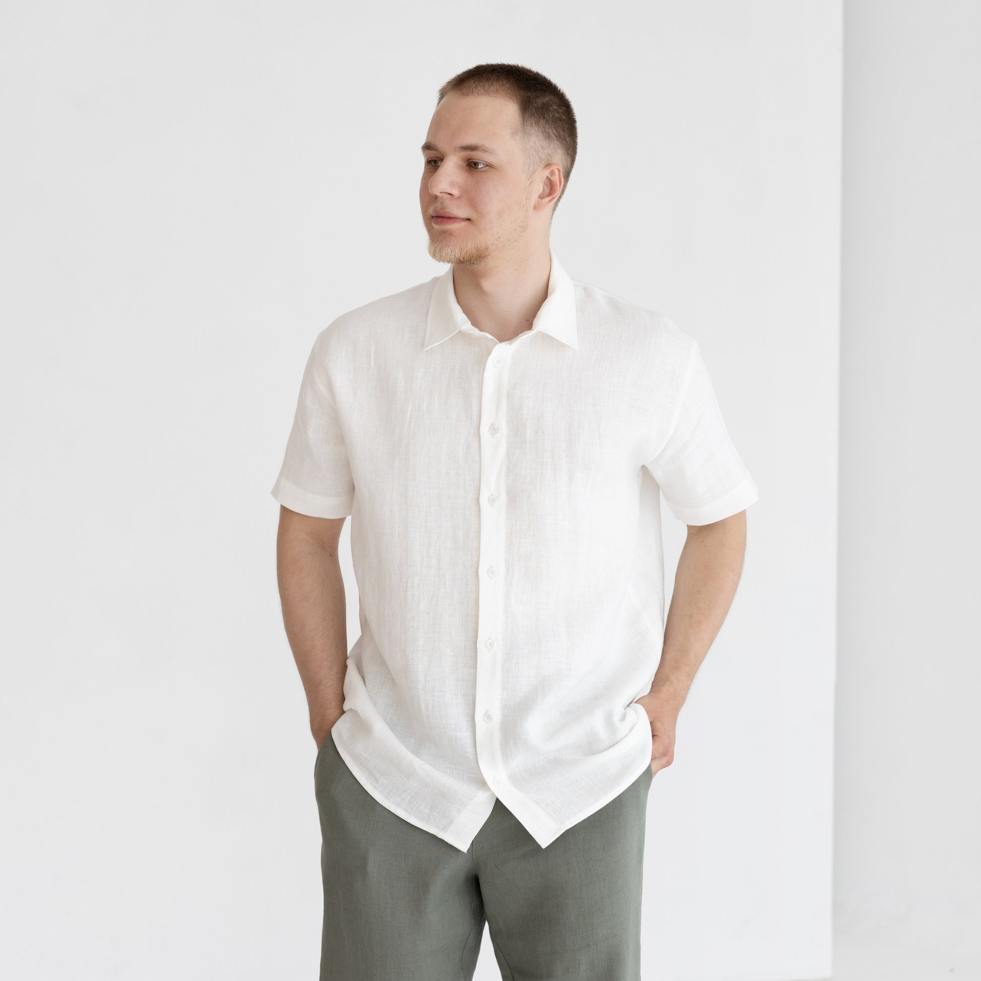 White linen shirt, button up shirt men