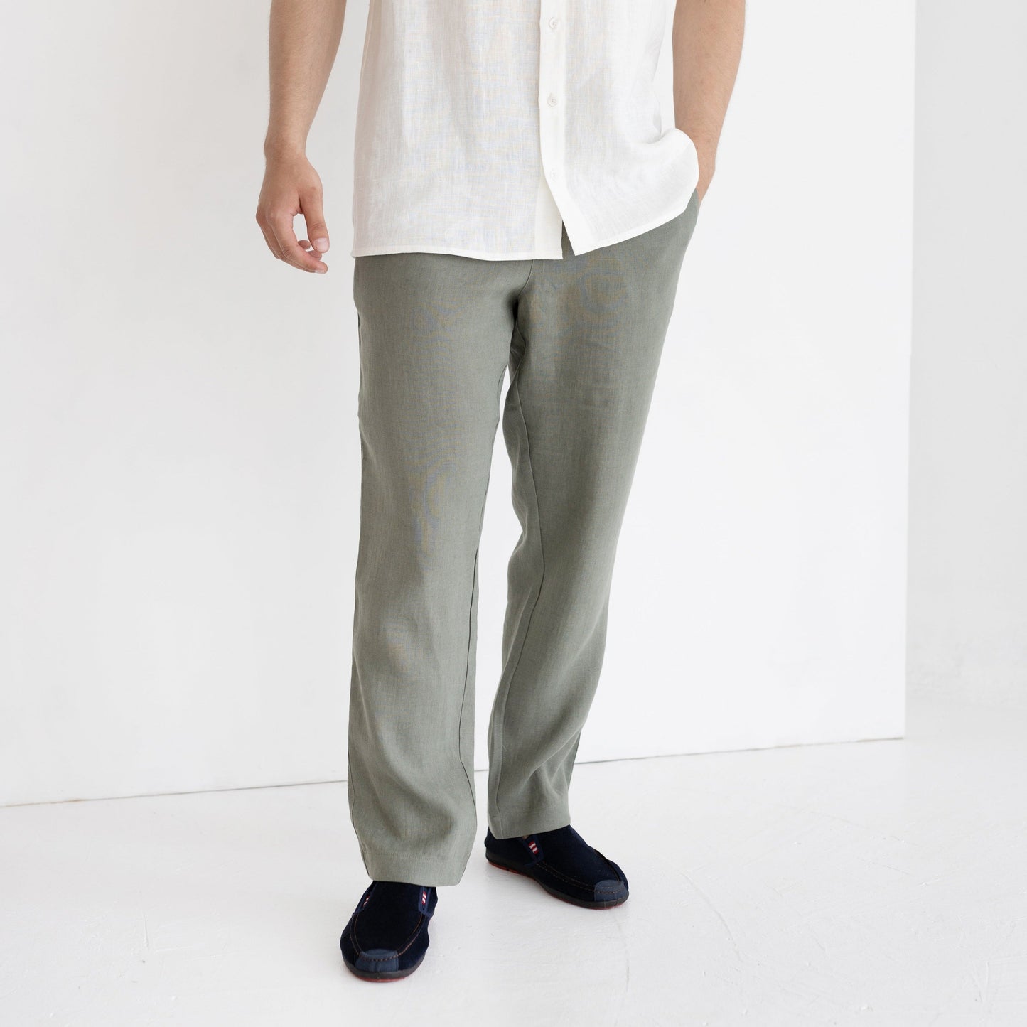 Men linen pants, elastic waist pants