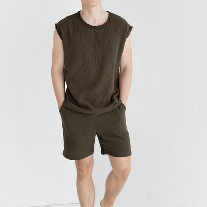 Cotton gauze boho set Men, top and shorts