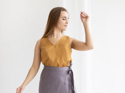 Linen V-neck Crop Top Sleeveless, READY TO SHIP