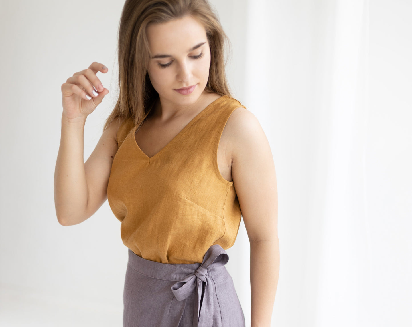 Linen V-neck Crop Top Sleeveless, READY TO SHIP