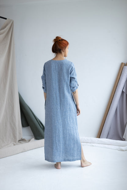 Women's maxi linen dress Denim Blue