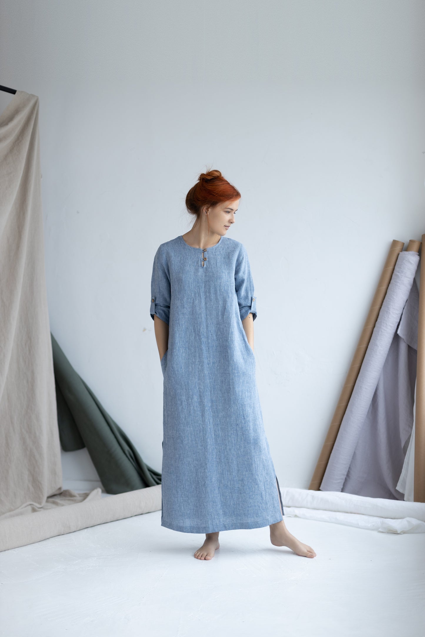 Women's maxi linen dress Denim Blue