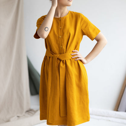 Front Button Linen Dress S/M size, Curry Yellow