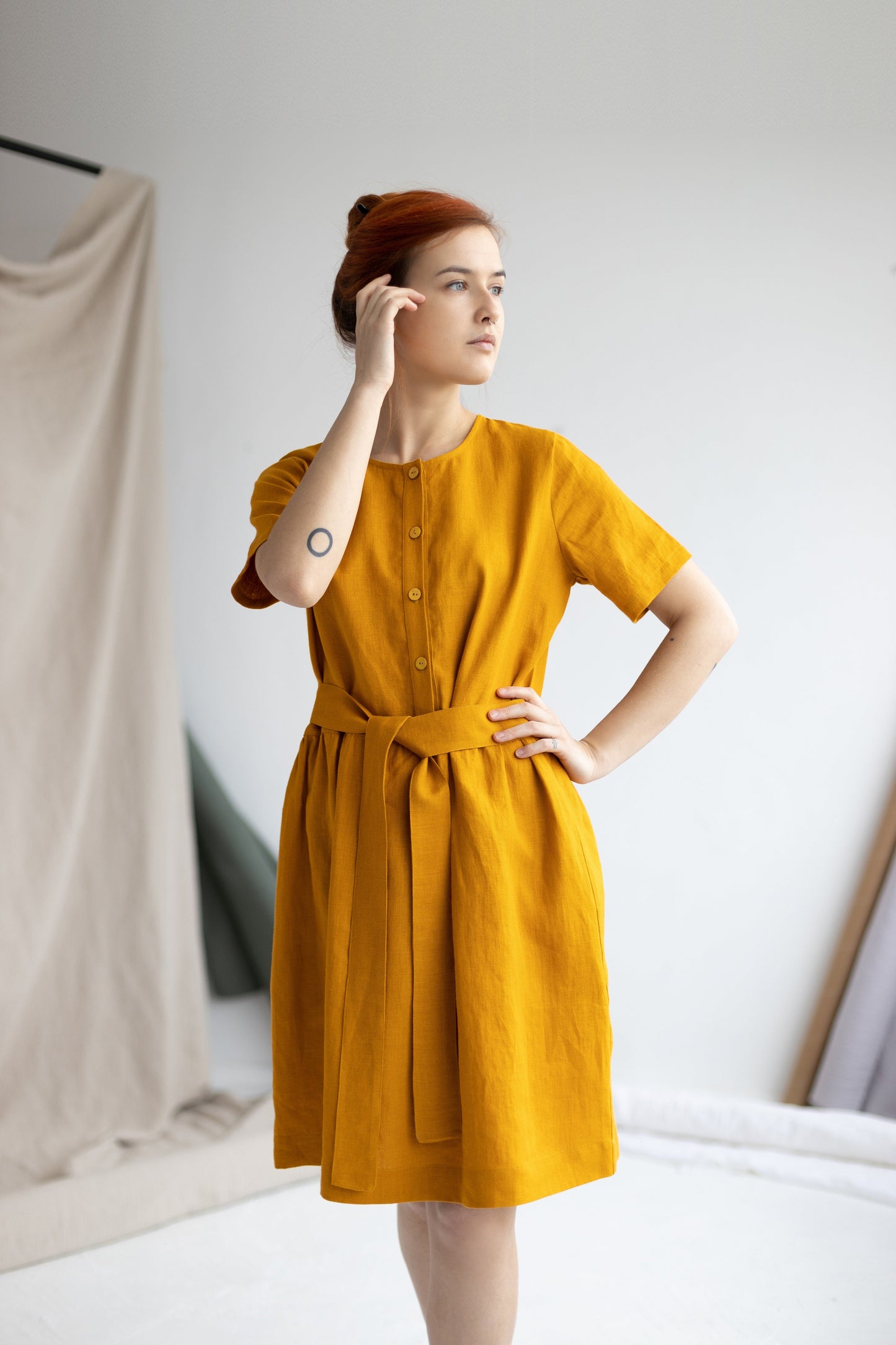 Front Button Linen Dress S/M size, Curry Yellow