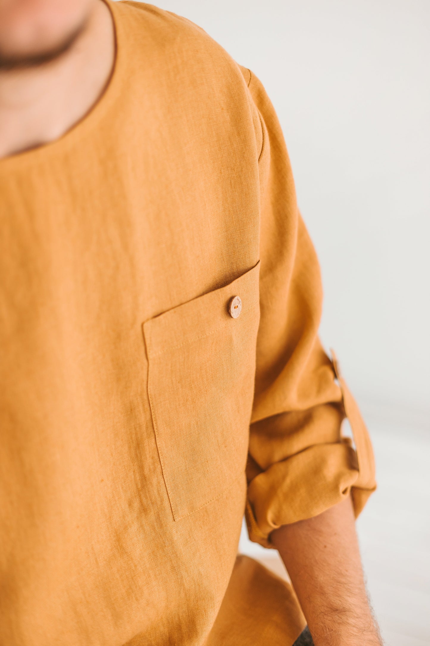 Men's Linen Tunic Shirt with Pocket, Mustard, Size LARGE