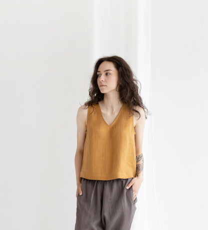 Linen V-neck Crop Top Sleeveless, READY TO SHIP