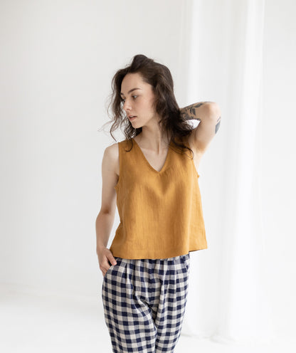 Linen V-neck Crop Top Sleeveless, READY TO SHIP