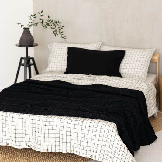 Black linen blanket, waffle fabric bed cover