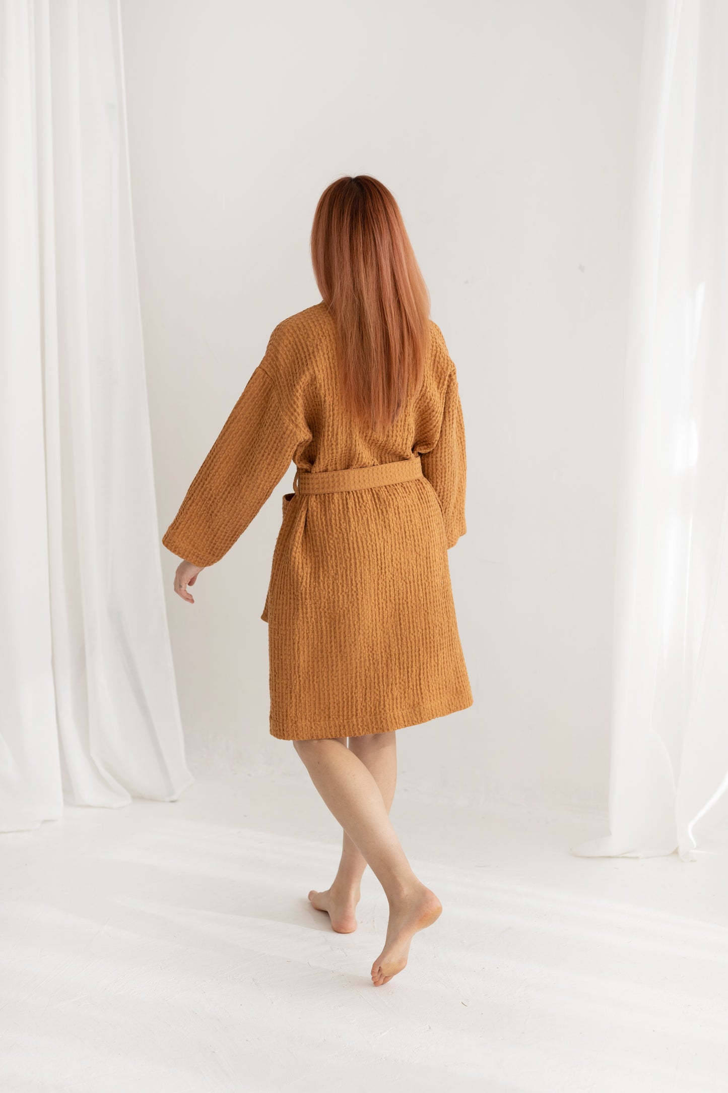 Waffle Linen Bathrobe CINNAMON, for Women