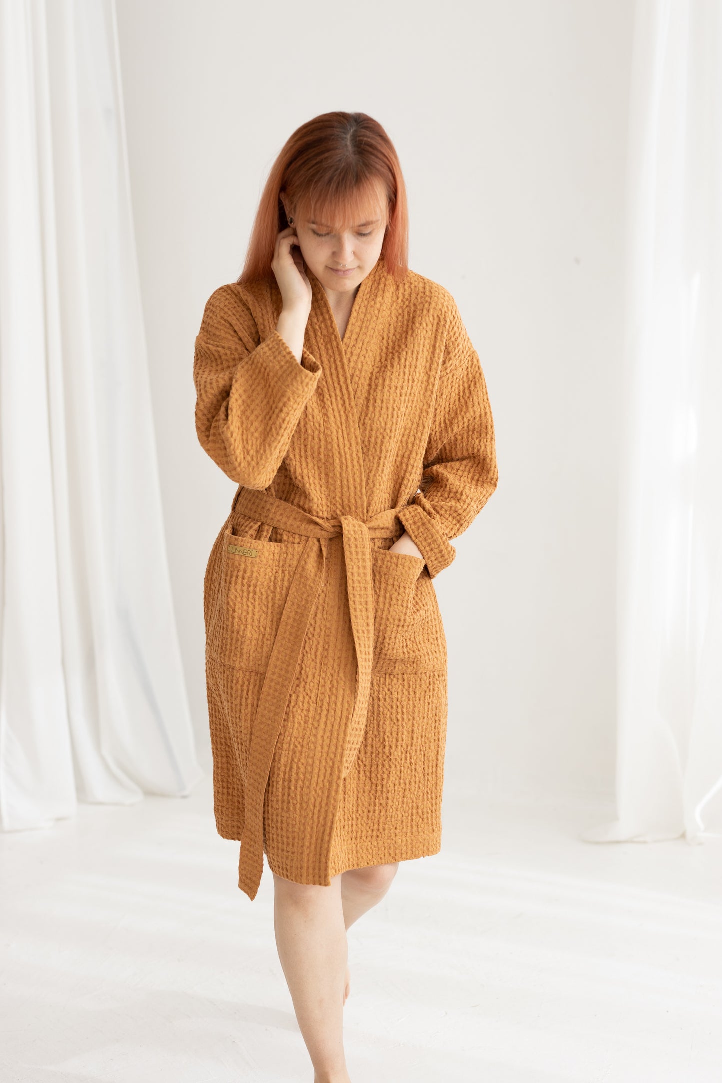 Waffle Linen Bathrobe CINNAMON, for Women