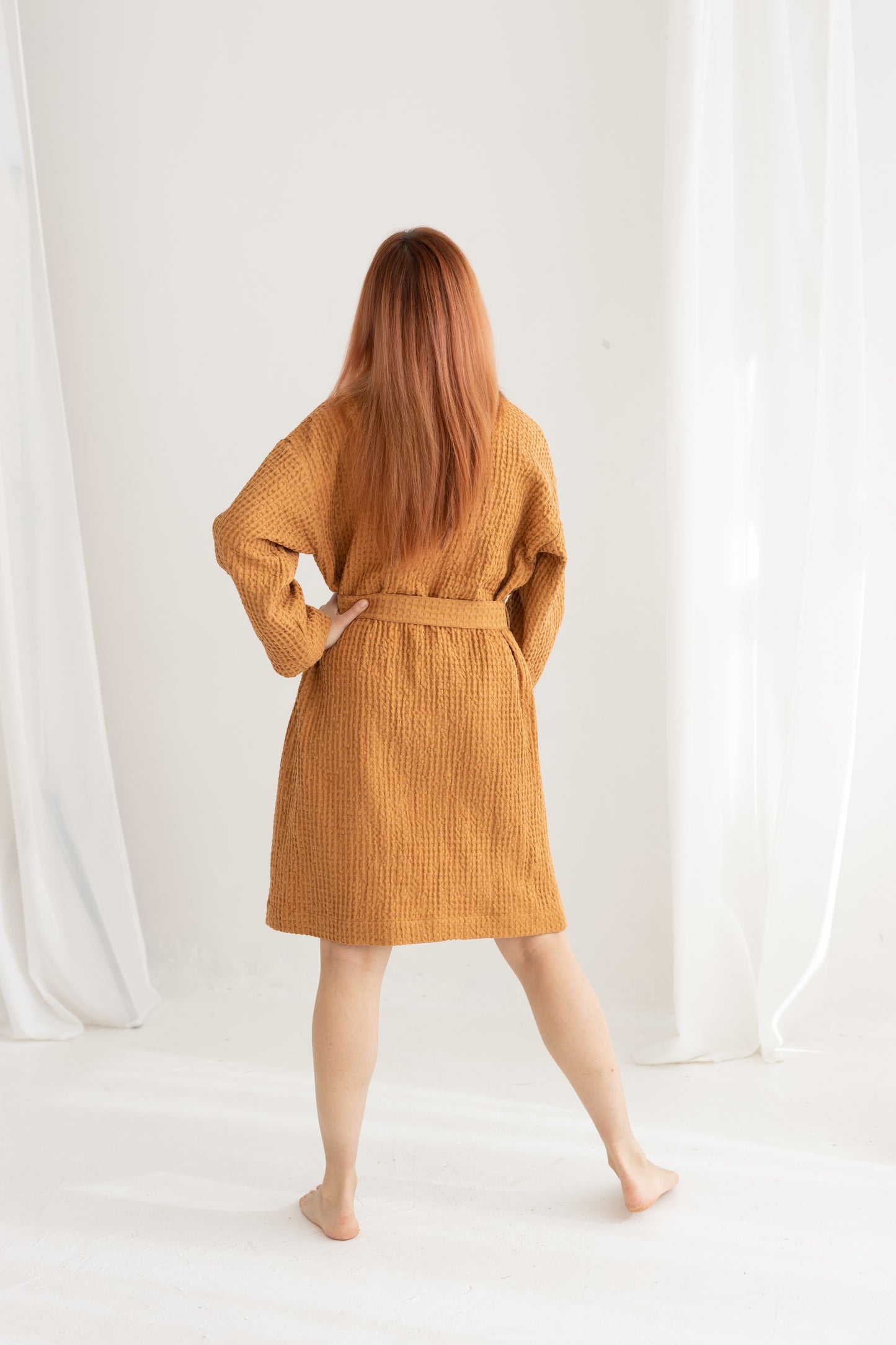 Waffle Linen Bathrobe CINNAMON, for Women