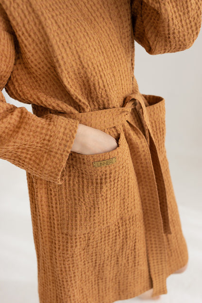 Waffle Linen Bathrobe CINNAMON, for Women