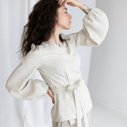 Wrap shirt, women linen top, puff sleeves blouse