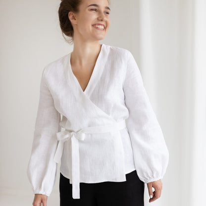 White linen top, wrap top long sleeves, balloon sleeves