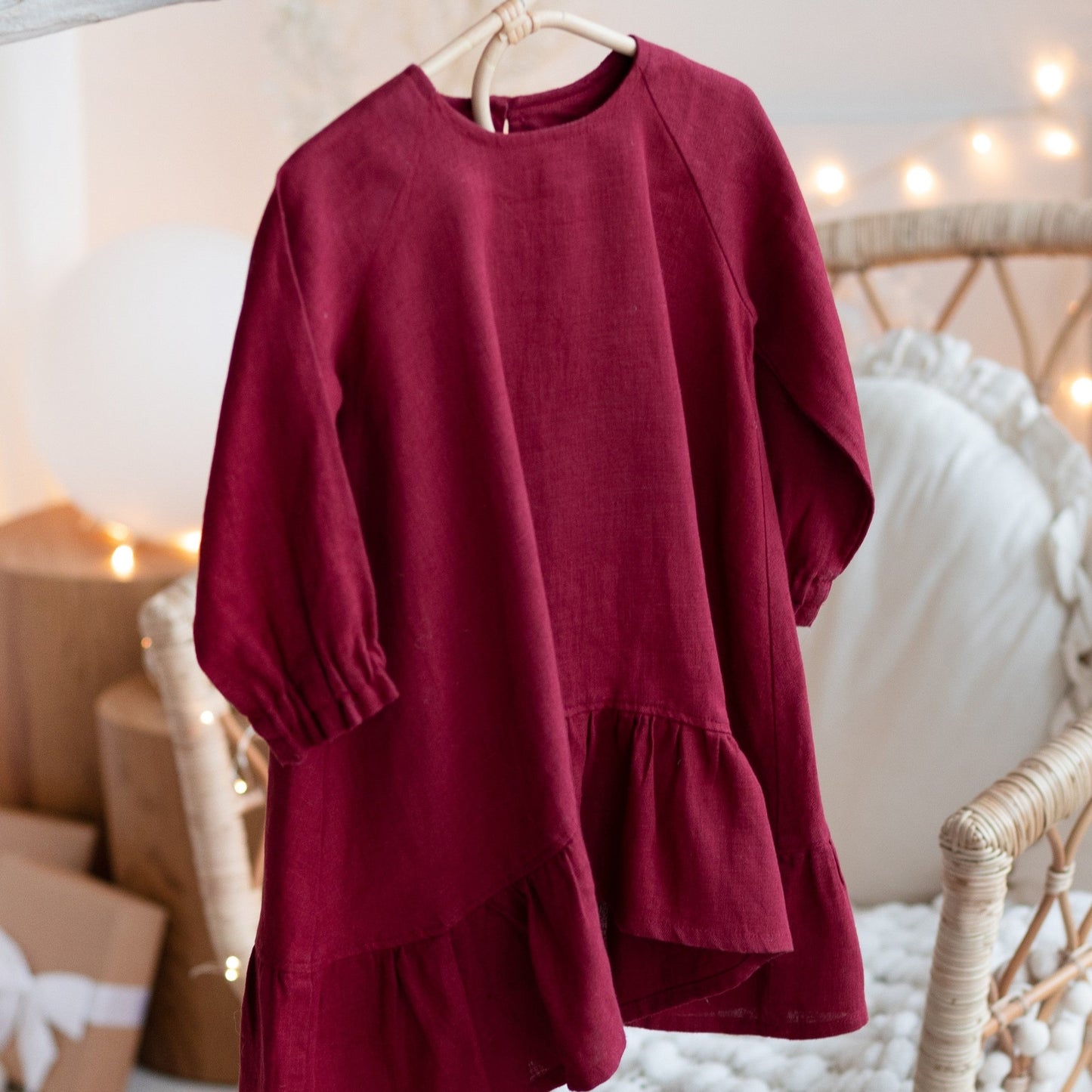 Linen dress girl, Red Christmas dress