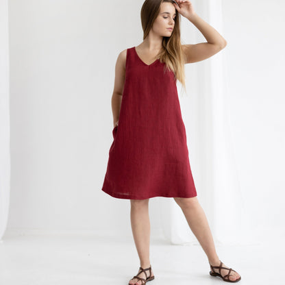 V neck linen dress, short red dress, open back summer dress