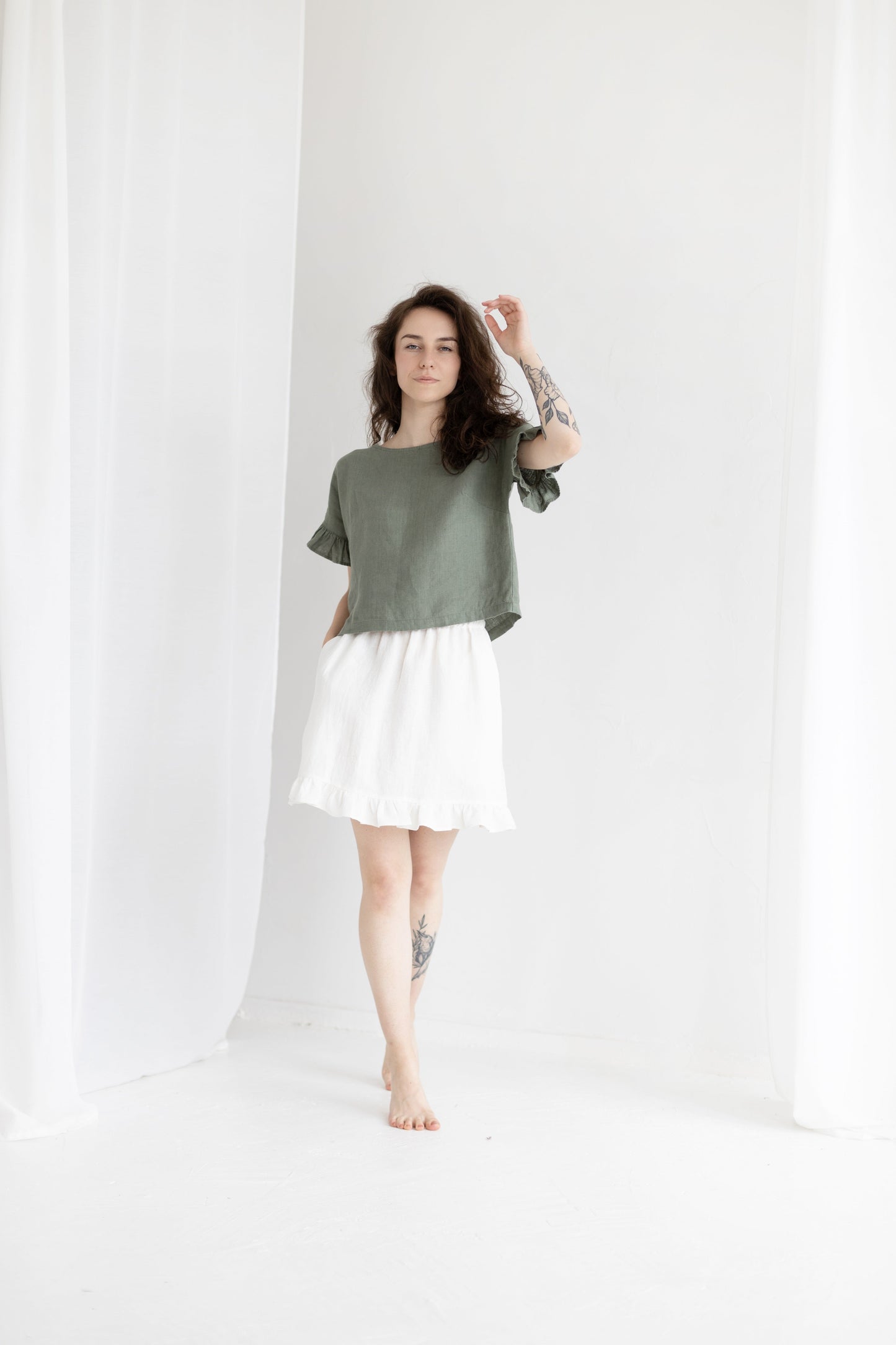 Linen Skirt RUFFLES, Milky white, XS/S size