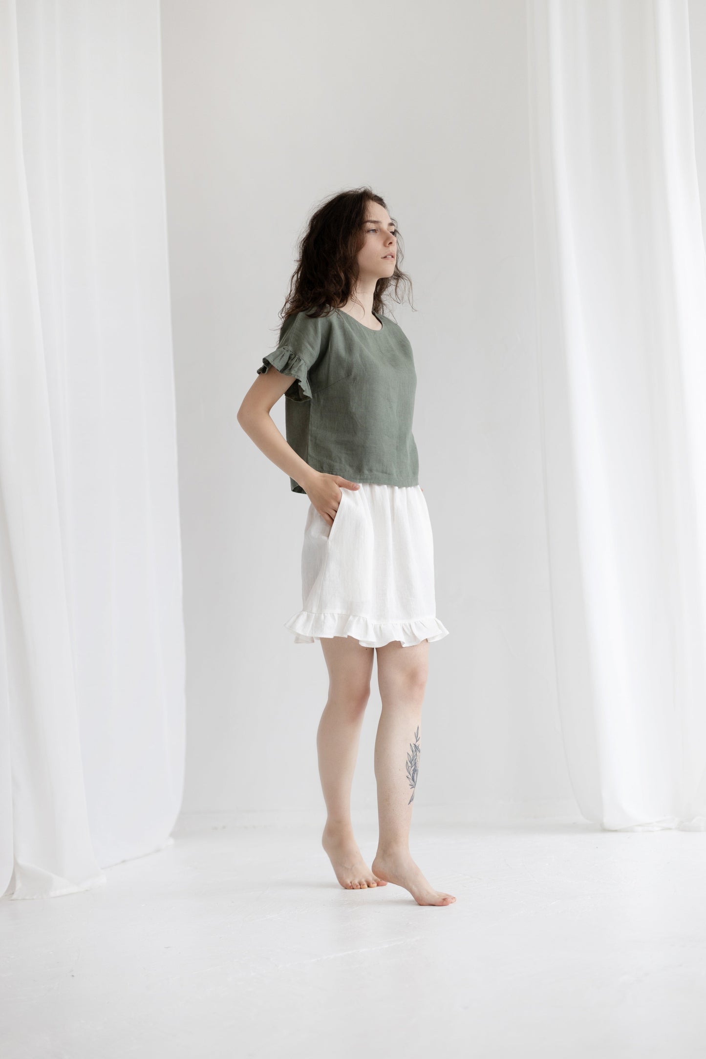 Linen Skirt RUFFLES, Milky white, XS/S size
