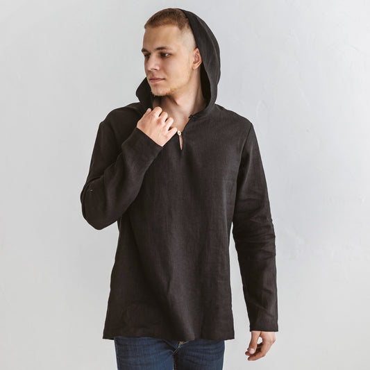 Linen Hood Shirt for Men, Black, Size SMALL