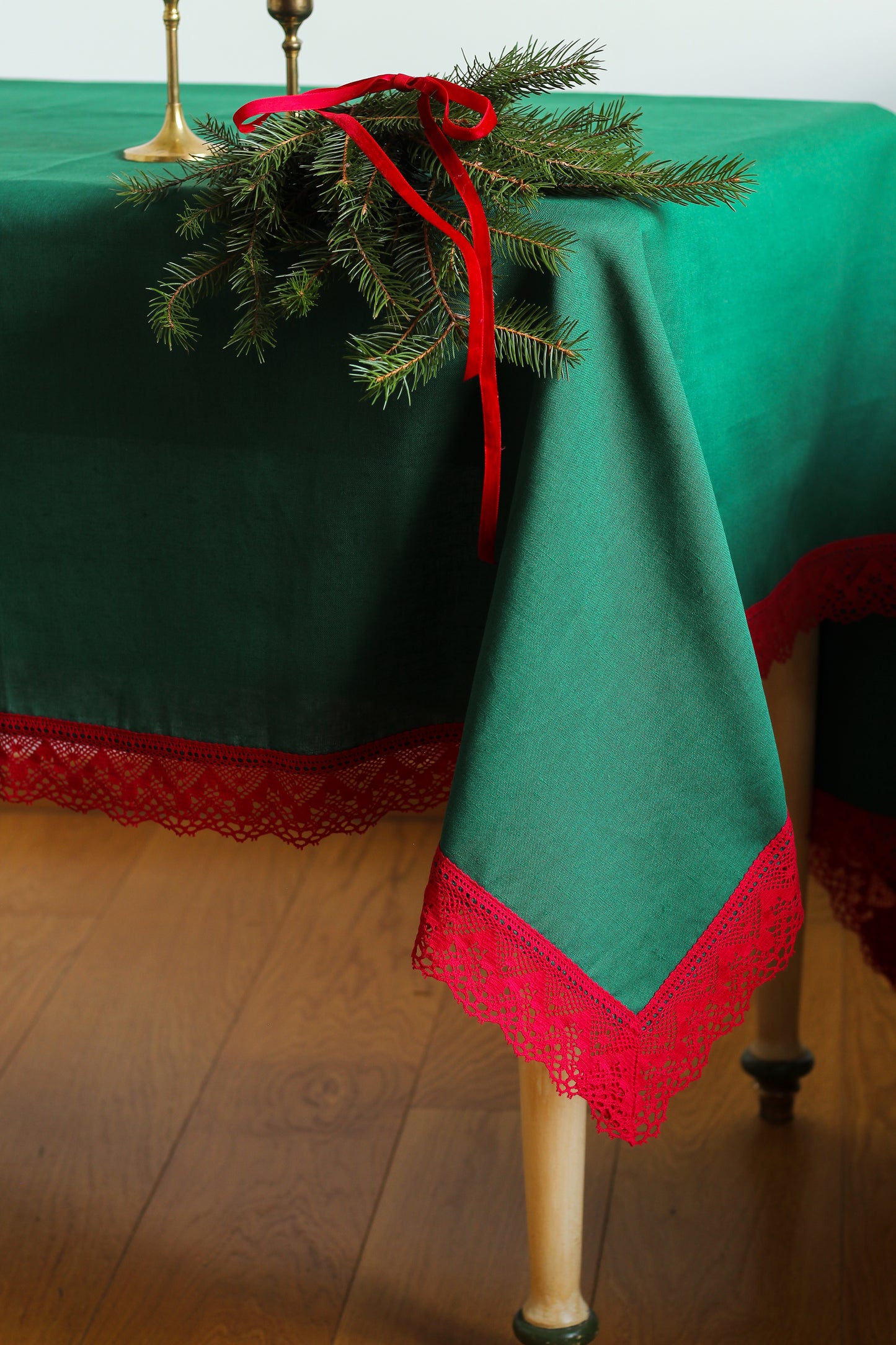 Linen Christmas tablecloth RED LACE