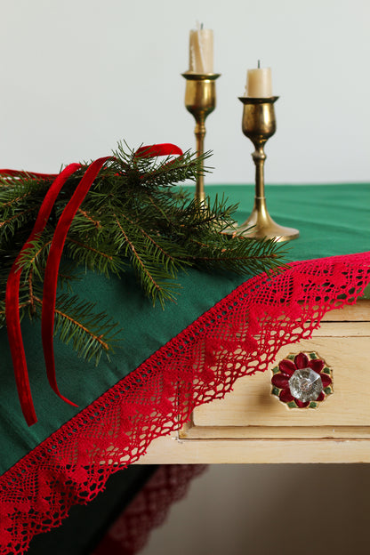 Linen Christmas tablecloth RED LACE