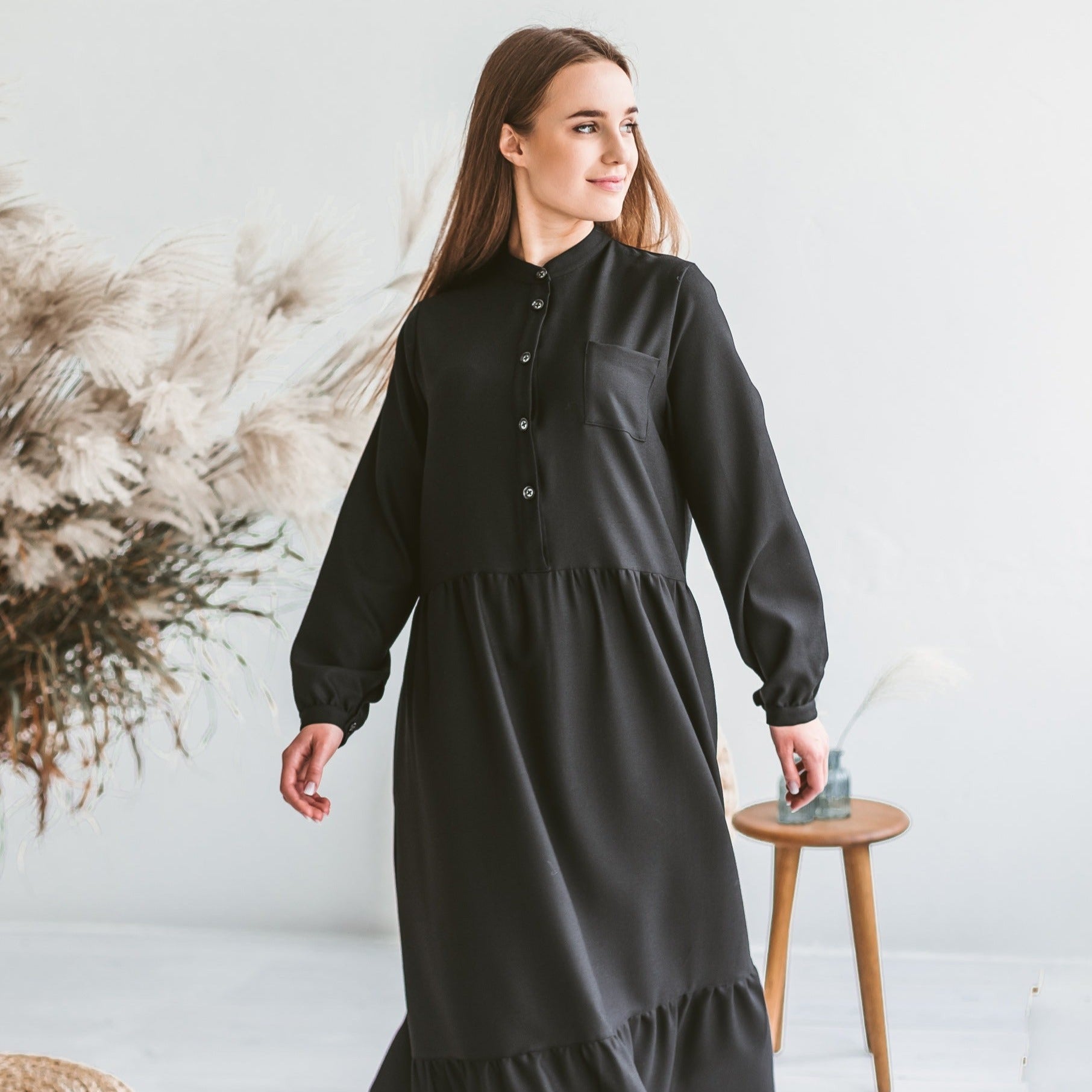 Black boho dress, long autumn dress, black, wool dress