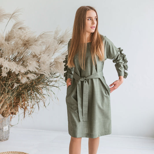 Wool dress, green wool blend dress