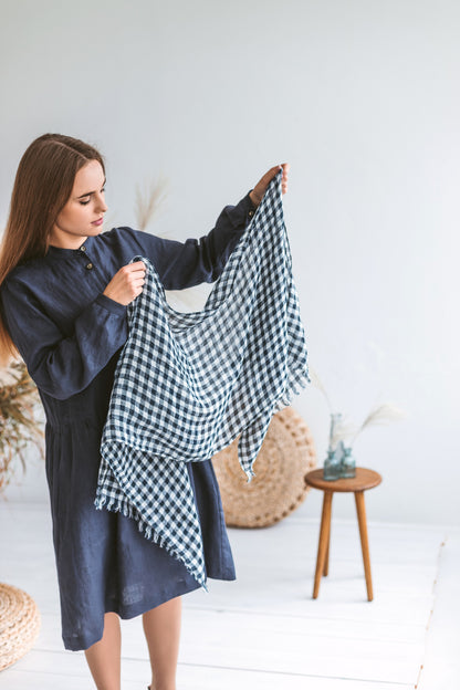 Lightweight linen scarf BLUE GINGHAM